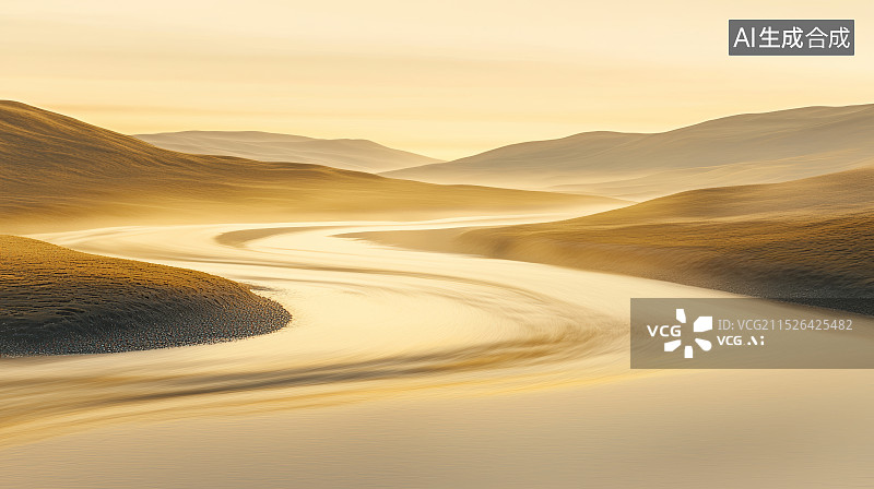 【AI数字艺术】蜿蜒穿过山谷的金色河流风光图片素材