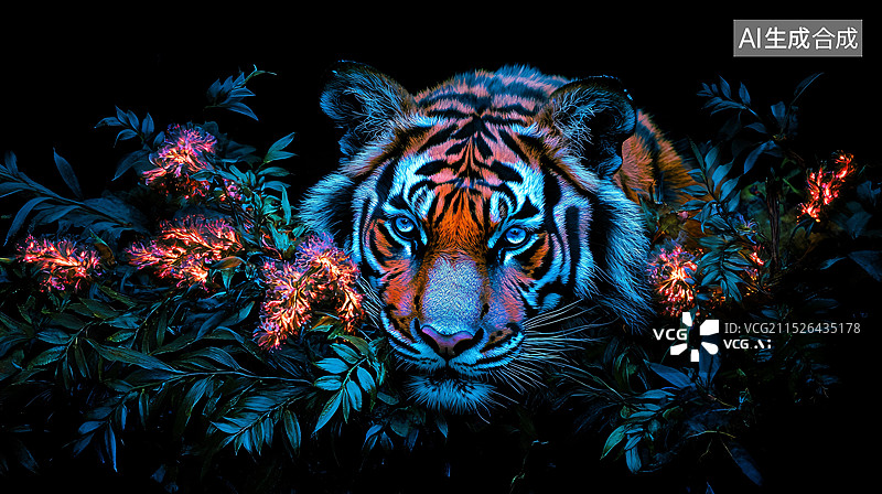 【AI数字艺术】唯美的超现实主义花丛中的老虎图片素材
