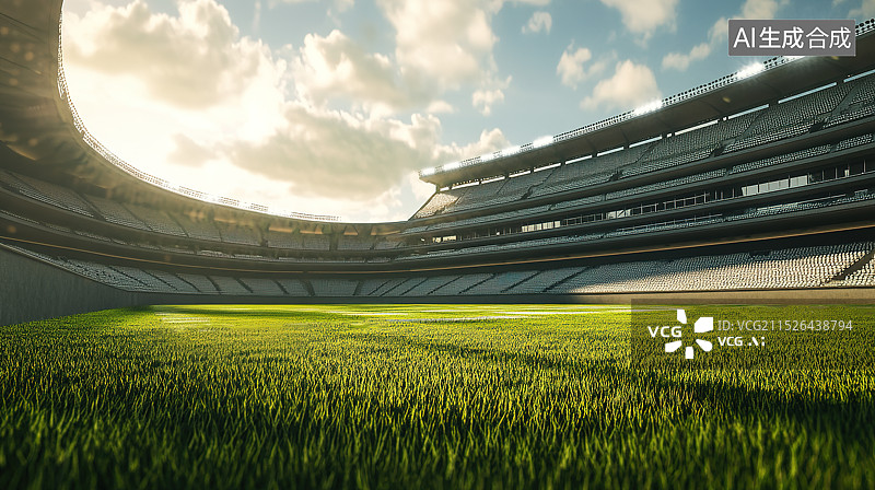 【AI数字艺术】三维渲染低视角空旷的大型足球场和绿色的草坪图片素材
