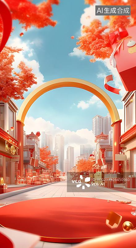 【AI数字艺术】电商年货节双十一3DC4D古风古代城市商业街建筑街道插画场景展台竖版背景图片素材