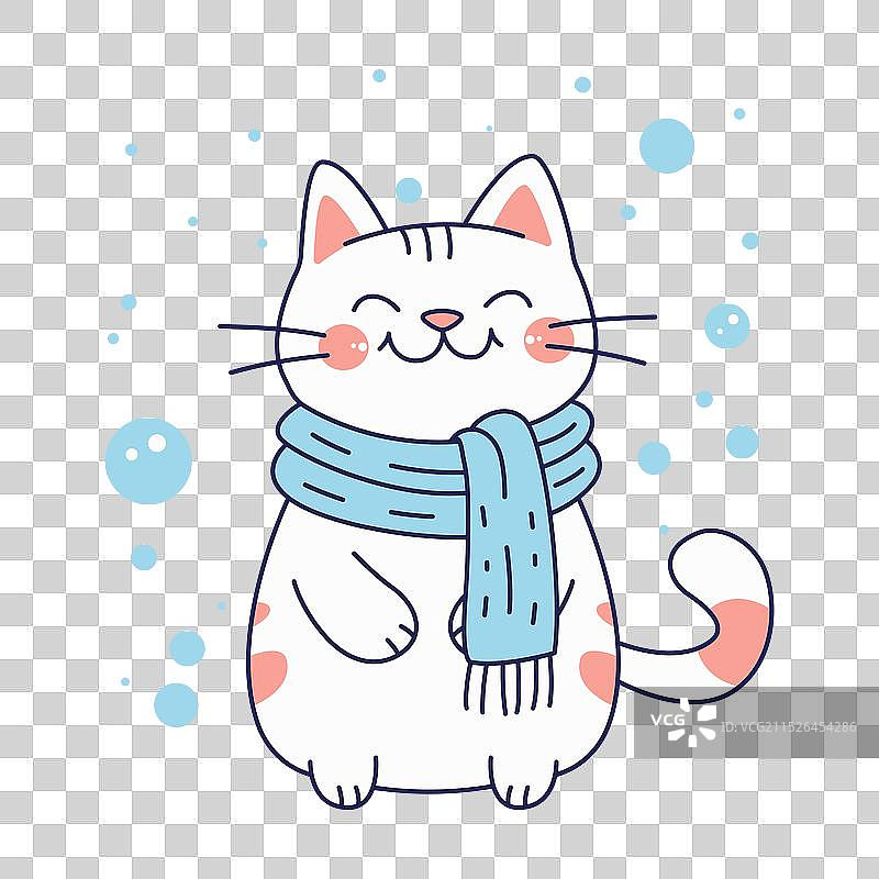 雪地里戴蓝色围巾的可爱猫咪卡通图片素材