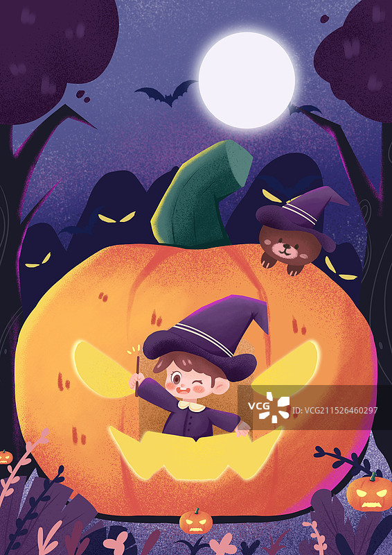 这幅万圣节儿插画，以独特的视角展现了孩子们在万圣节的欢乐时光，色彩斑斓，趣味横生。图片素材