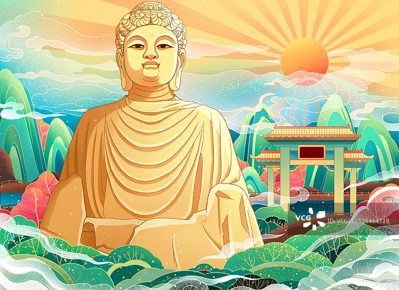 国潮风插画洛阳景区龙门卢舍那大佛图片素材