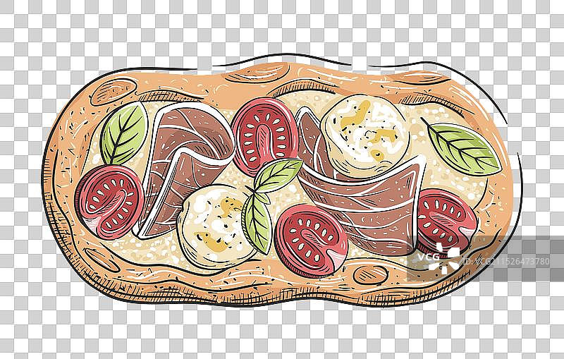 搭配意式火腿、番茄和马苏里拉奶酪的皮萨图片素材