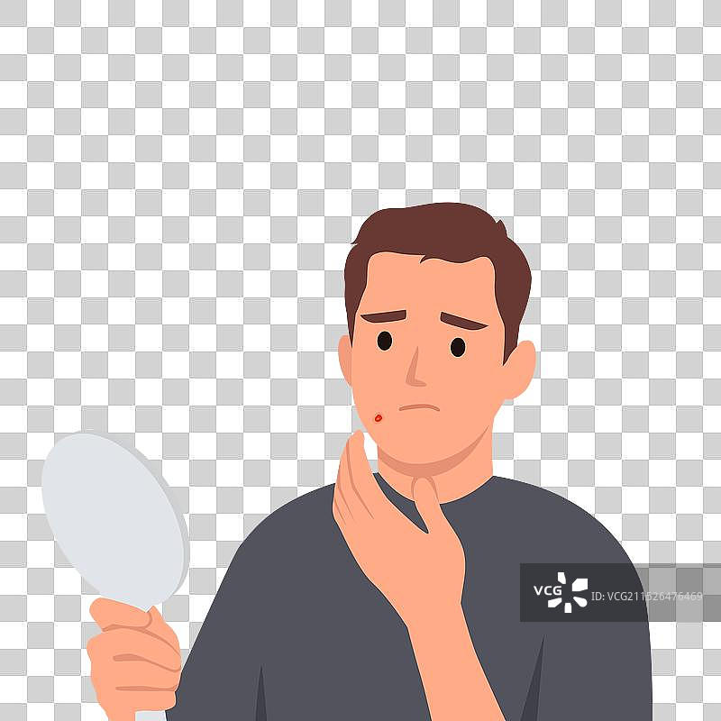有痤疮问题照镜子的年轻男人图片素材