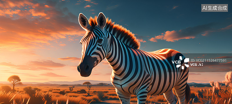 【AI数字艺术】动物主题插画 日落时斑马的侧视图图片素材
