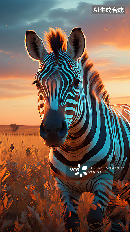 【AI数字艺术】动物主题插画 夕阳下的斑马图片素材