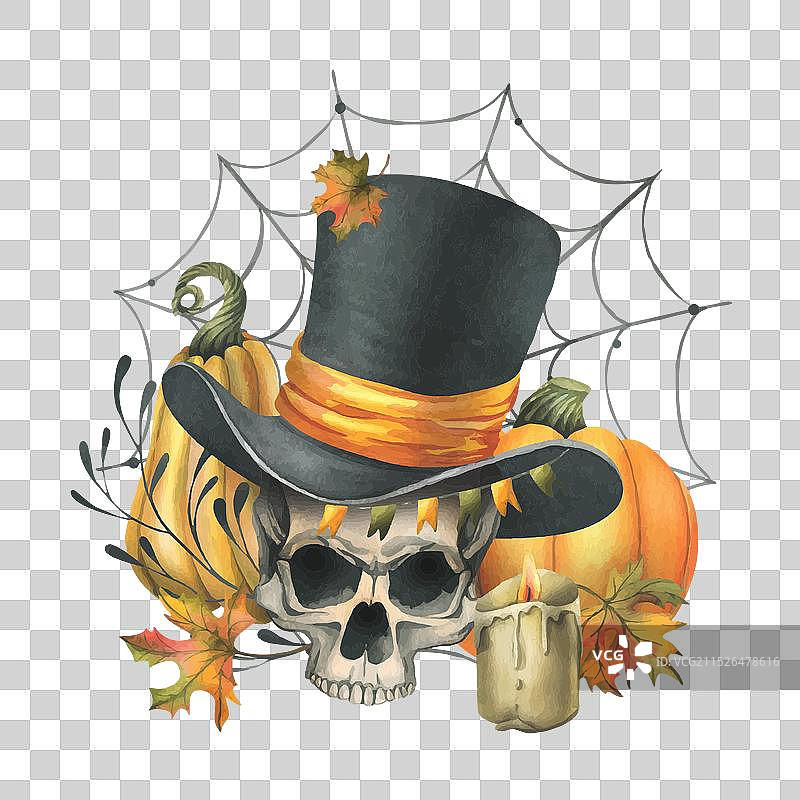 戴黑色高帽和橙色南瓜的人类骷髅图片素材