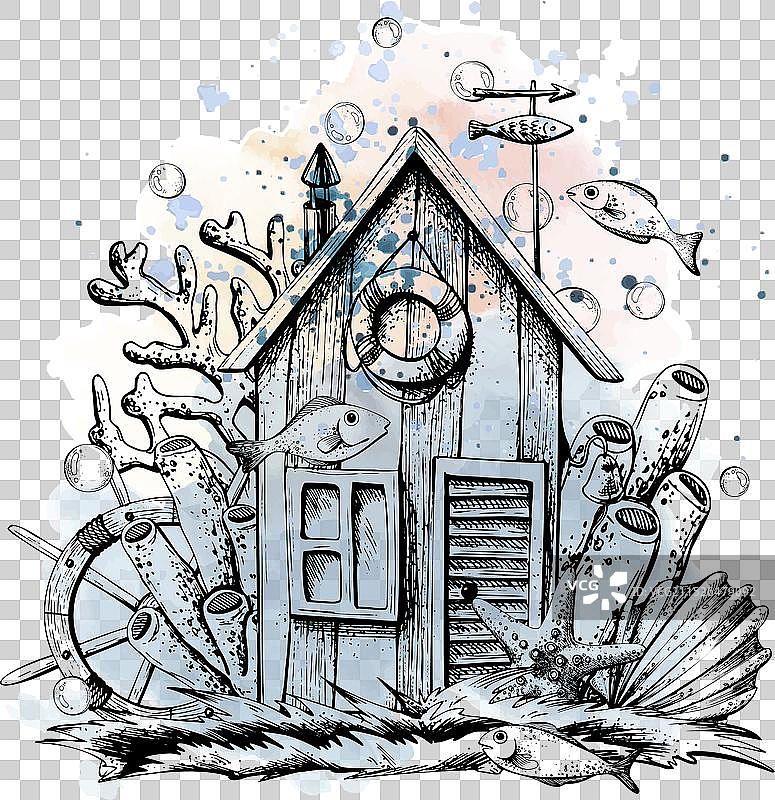 草地上的渔夫小屋与船舵图片素材