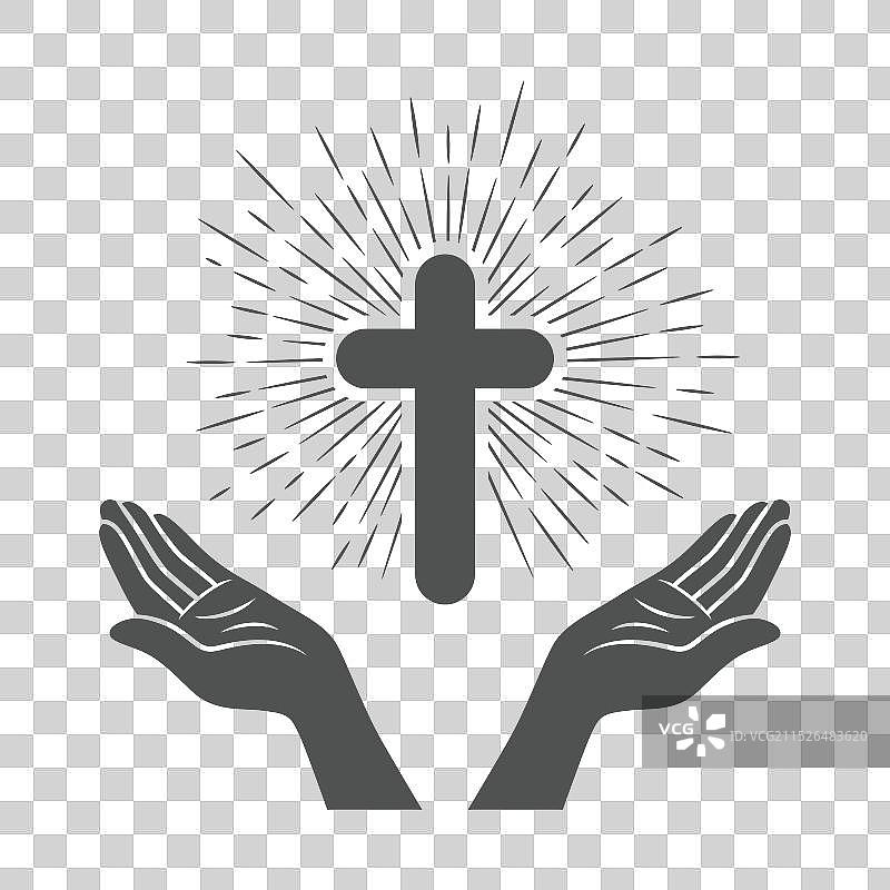 带有十字和神圣光芒的张开的手黑白照片图片素材