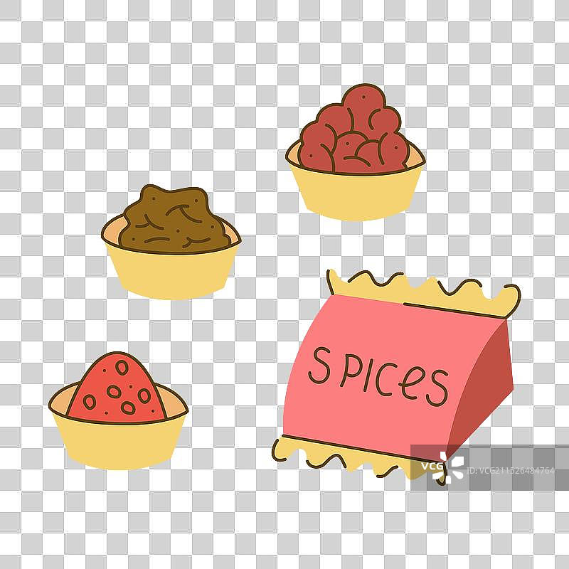 手绘碗装和袋装香料图片素材