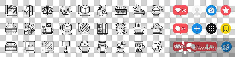 浴室台灯和薄荷叶线性图标包图片素材