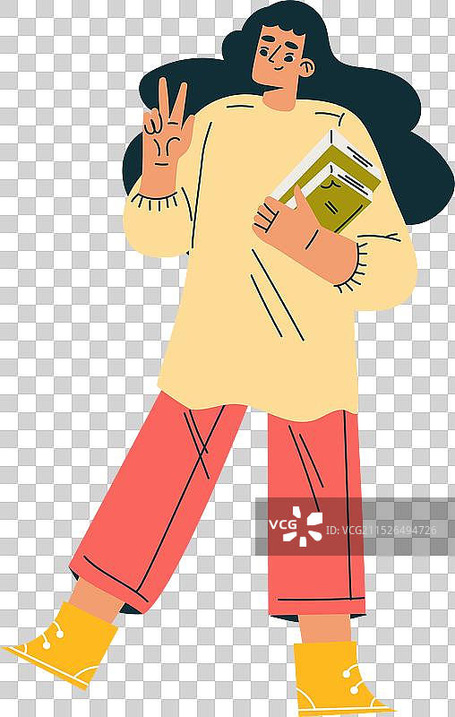 年轻女人手拿书本，比V手势图片素材