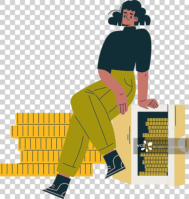 坐在金币上处理交易的女性角色图片素材