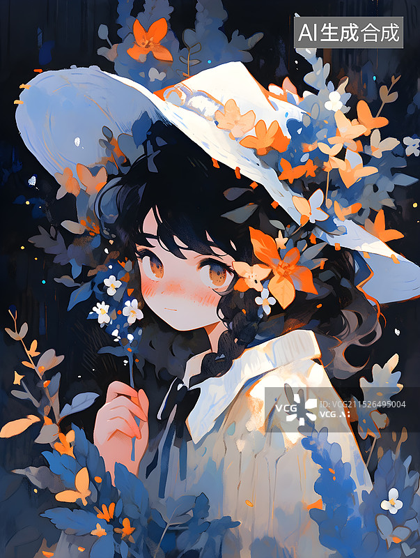 【AI数字艺术】绘本风格人像插画：头戴草帽的小女孩图片素材