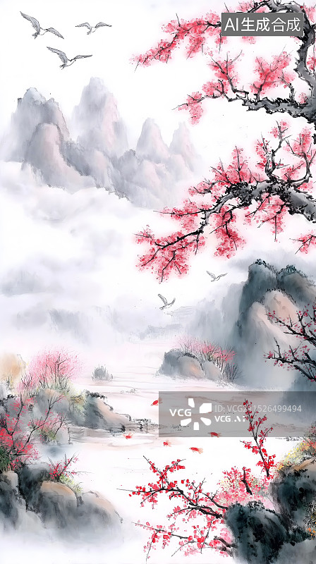 【AI数字艺术】西塞山前白鹭飞，桃花流水鳜鱼肥图片素材