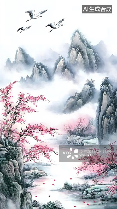 【AI数字艺术】西塞山前白鹭飞，桃花流水鳜鱼肥图片素材