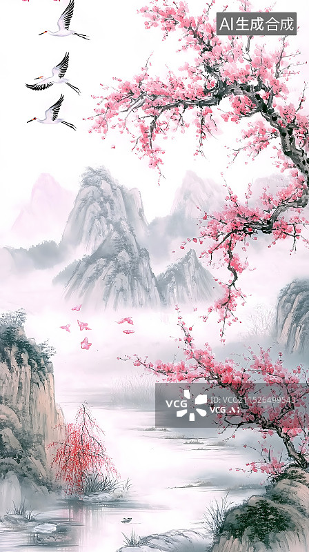 【AI数字艺术】西塞山前白鹭飞，桃花流水鳜鱼肥图片素材