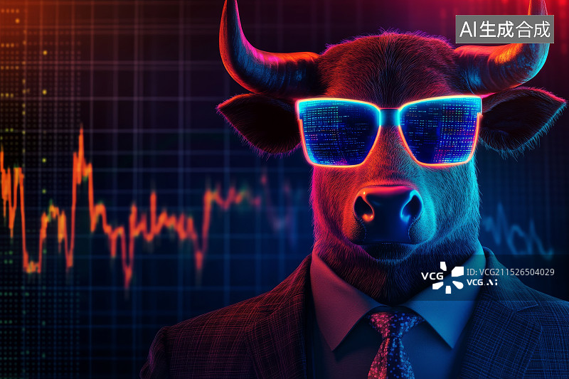 【AI数字艺术】戴墨镜的牛头穿西装的基金经理人3D形象图片素材