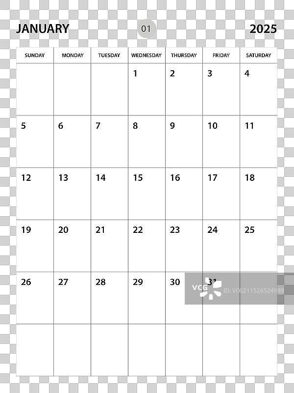 2025年1月日历模板图片素材