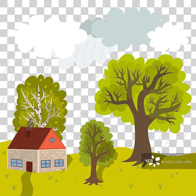 四周环绕树木的可爱乡村别墅图片素材