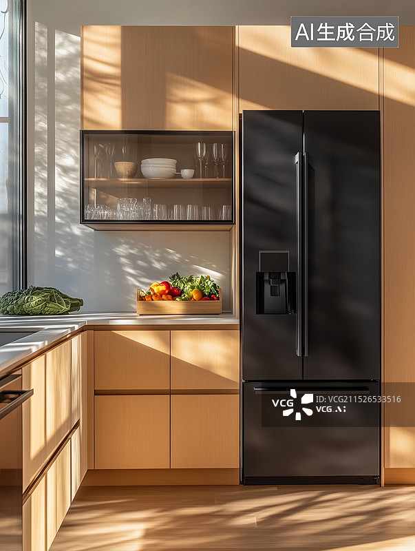 【AI数字艺术】3D室内冰箱现代简约三维空间场景图片素材