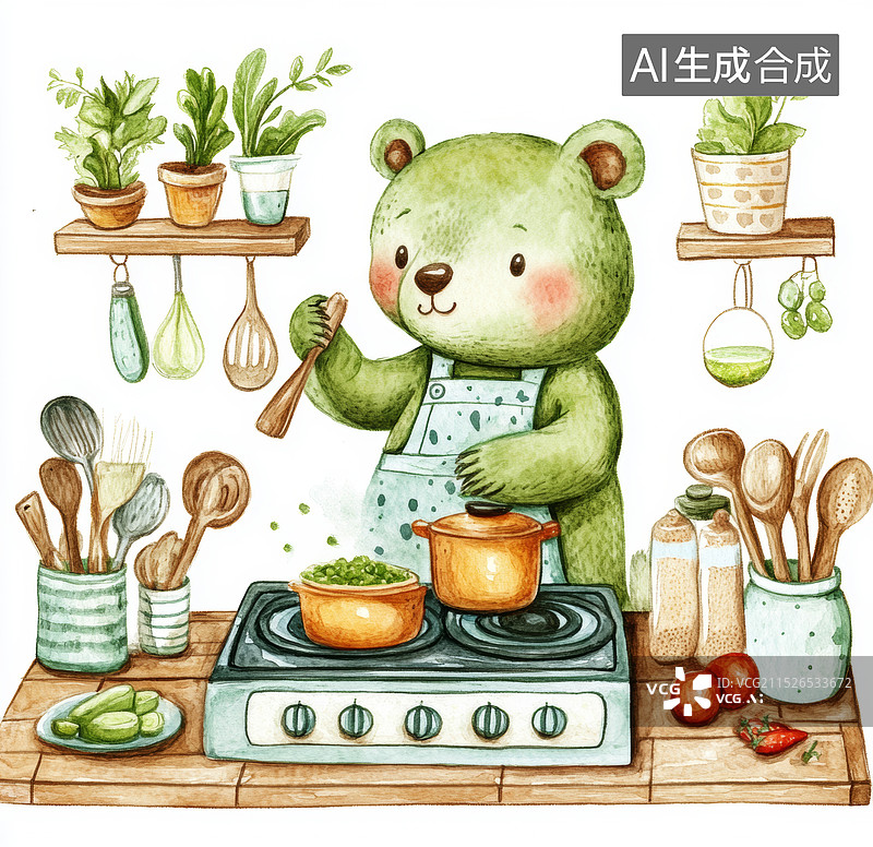 【AI数字艺术】一张卡通手绘图，图中是一只穿着围裙的小熊在厨房里做饭，锅里煮着汤，周围放着各种蔬菜水果和调料图片素材