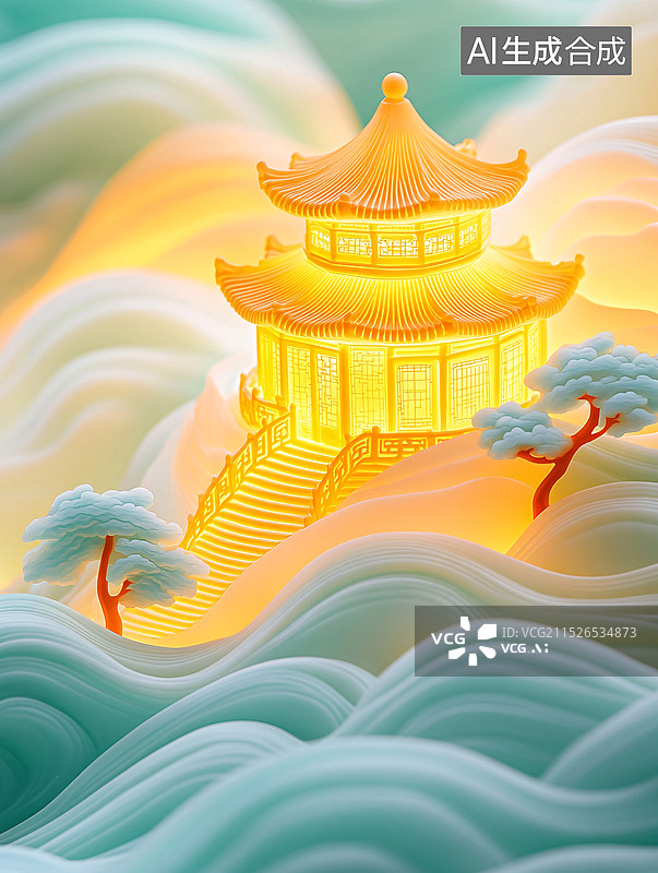 【AI数字艺术】3D琉璃古建筑春节新年场景背景元素插图图片素材