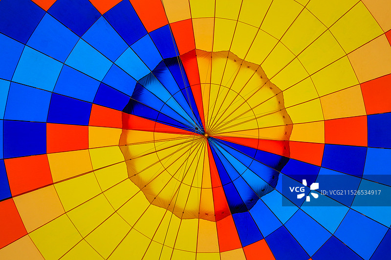 仰拍热气球内部彩色对称性构造图片素材