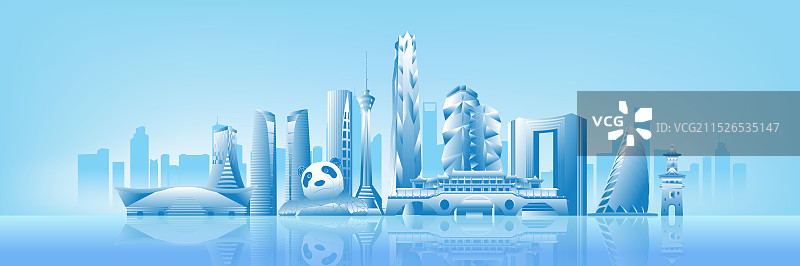 蓝色成都城市建筑科技现代剪影矢量插画图片素材