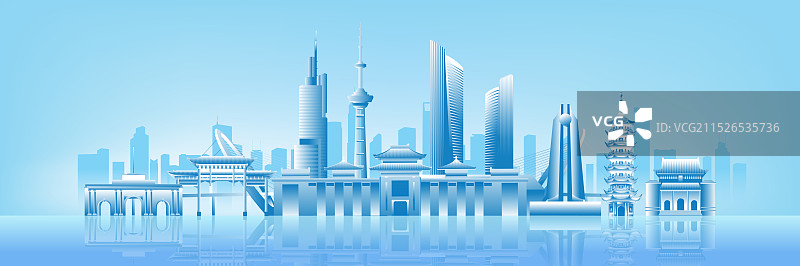 蓝色南京城市建筑科技现代剪影矢量插画图片素材