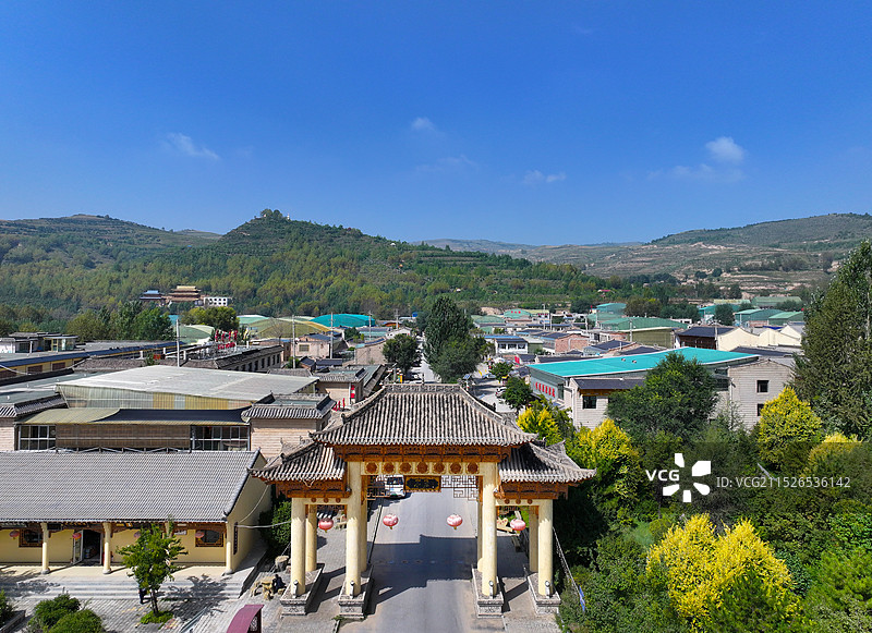 青海省海东市互助县土族故土园纳顿庄园小庄土族民俗文化村航拍图片素材