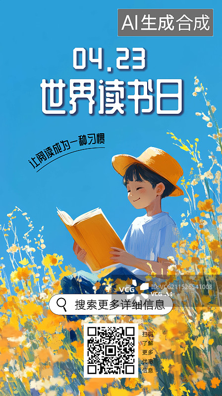 【AI数字艺术】世界阅读日海报，花丛中读书的男孩，开学，教育，阅读，儿童节图片素材
