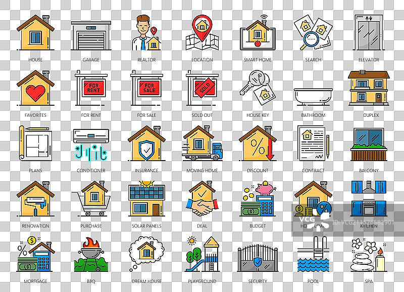 房地产图标：抵押、房屋、公寓、租赁图片素材