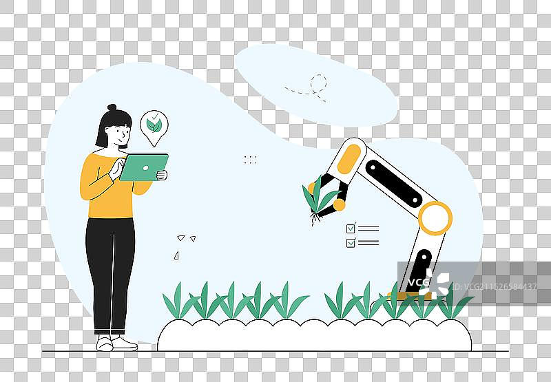 与机器人一起收割的女人和年轻女孩图片素材