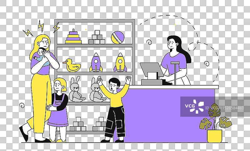 母亲在儿童商店与女儿和儿子图片素材