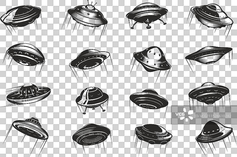 带尾迹的UFO飞碟宇宙飞船图标集图片素材