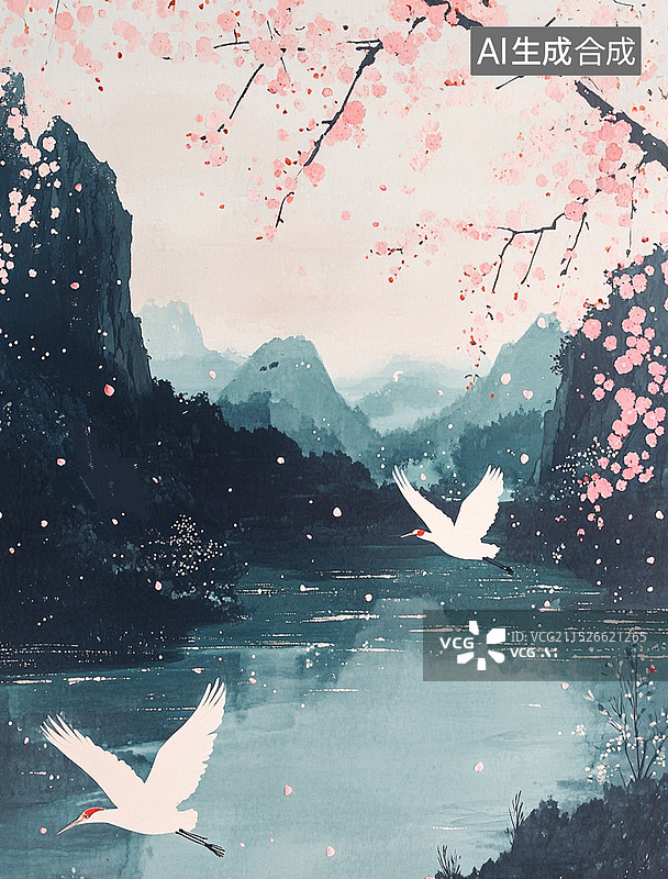 【AI数字艺术】西塞山前白鹭飞 桃花流水鳜鱼肥图片素材