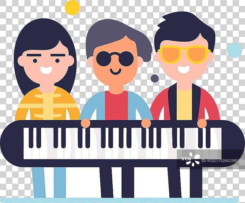 三个快乐的孩子一起弹钢琴图片素材