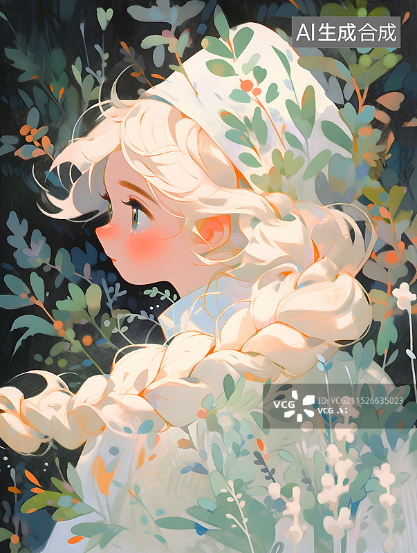 【AI数字艺术】绘本风格人像插画：被植物环绕的少女侧脸图片素材