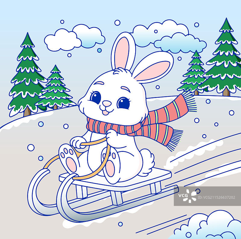 冬天圣诞节小兔子滑雪撬儿童卡通插画图片素材