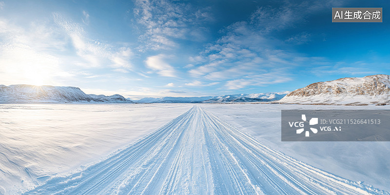 【AI数字艺术】冬季冰雪公路雪地轮胎印图片素材