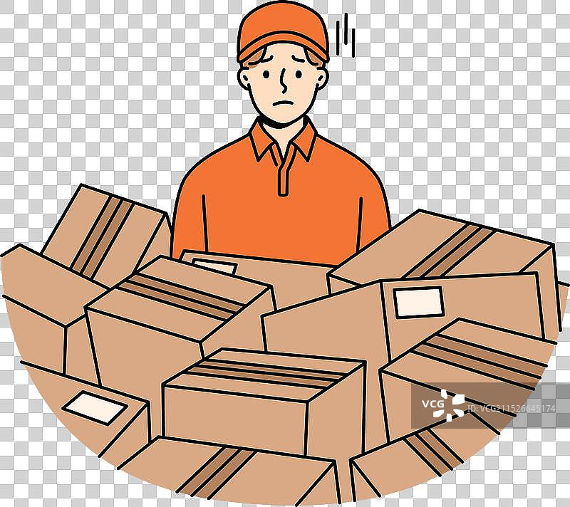 悲伤的快递员站在散落的纸板箱中图片素材