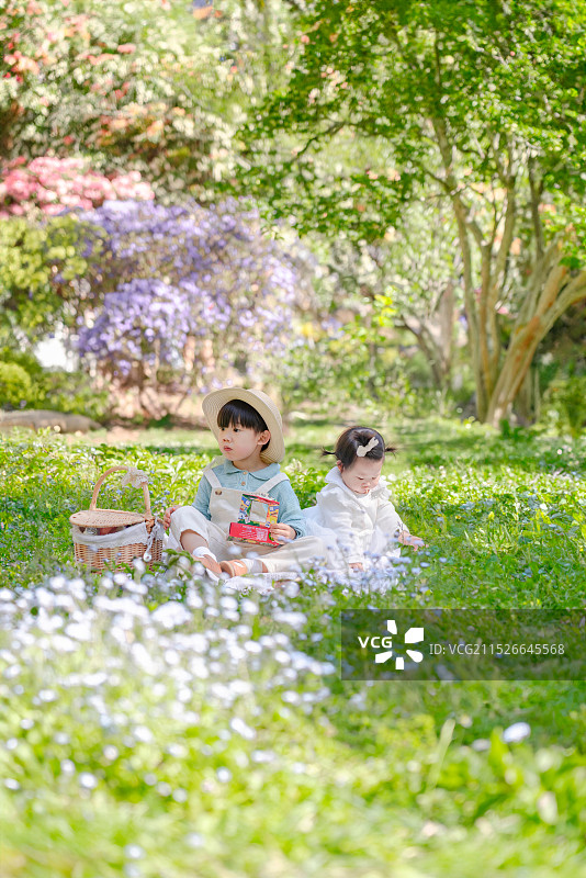 野外森林草坪鲜花丛处休闲享受的女婴与小男孩图片素材