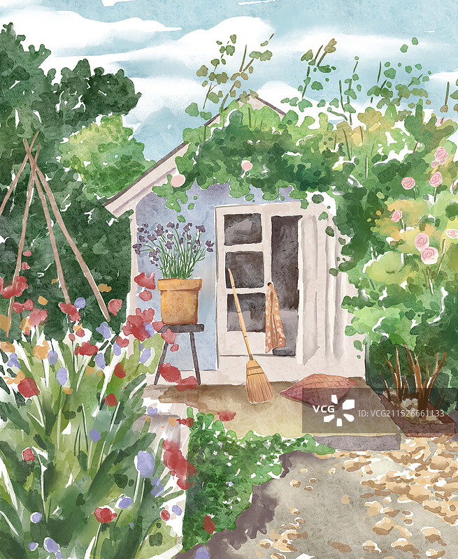 水彩庭院图片素材