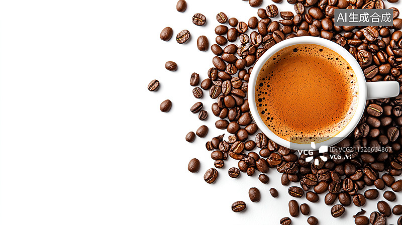 【AI数字艺术】正上方的咖啡杯和咖啡豆在桌上图片素材