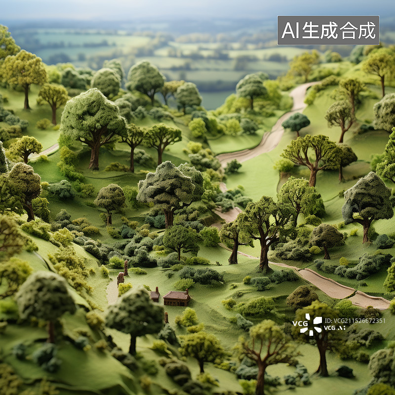 【AI数字艺术】微缩景观模型——丘陵地形的树木和植物图片素材