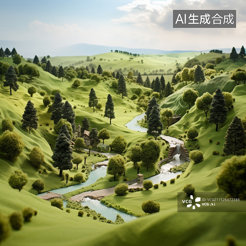 【AI数字艺术】微缩景观模型——丘陵地形的树木和植物图片素材