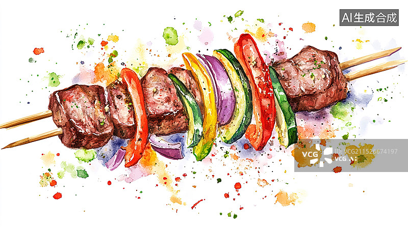 【AI数字艺术】夜间地摊经济水彩风格烧烤串炸串地方特色夜市美食插画图片素材