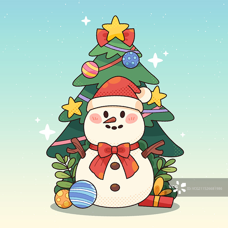 圣诞节圣诞树雪人卡通插画图片素材